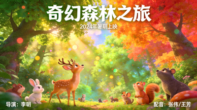 动画电影《奇幻森林之旅》海报，色彩斑斓的森林与动物